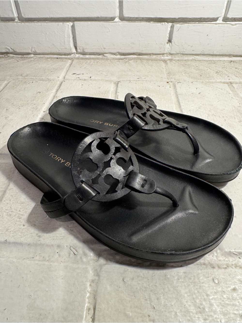 Tory Burch Black Leather Miller Flatform Platform Thong Sandals - Size 8